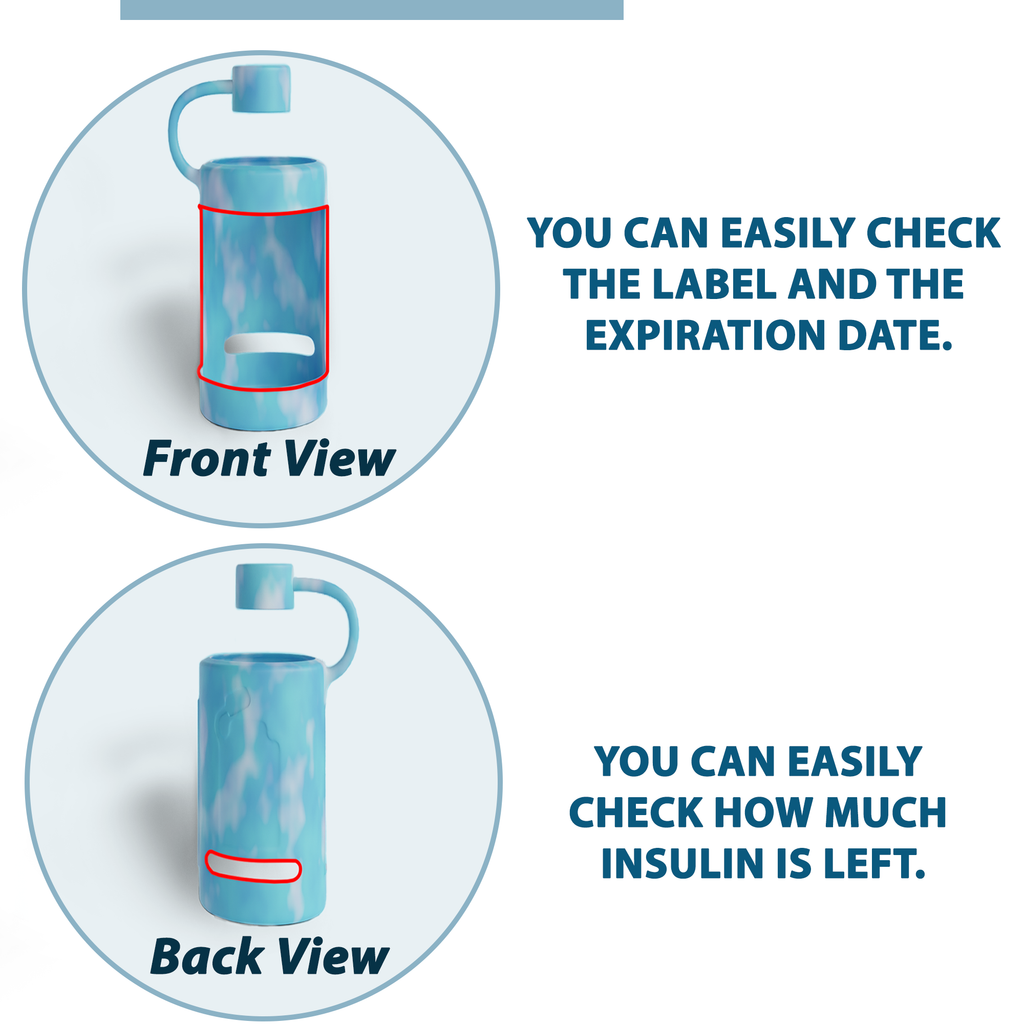 4AllFamily Italia - Vial Guard - custodia per flaconi di insulina - Blu - Formato Grande - Vista frontale e posteriore della custodia