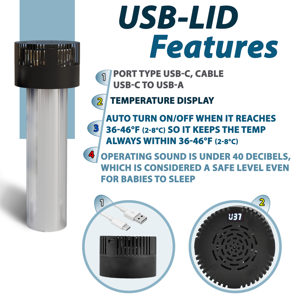 4AllFamily Italia - Voyager - Frigorifero Portatile Per Insulina e Farmaci - Blu 
- Coperchio USB per la refrigerazione elettrica durante i viaggi