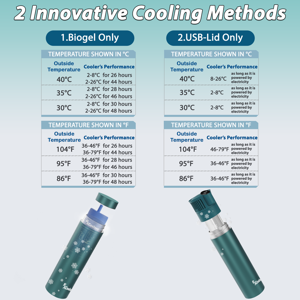 4AllFamily Italia - RxCoolers Mini - Mini Frigo Portatile per Farmaci e Insulina - colore verde - Prestazioni di raffreddamento in base alla temperatura esterna